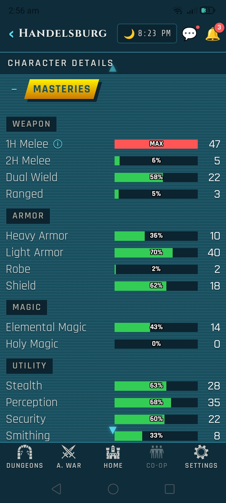 Veins of Aldûn mobile UI screen.