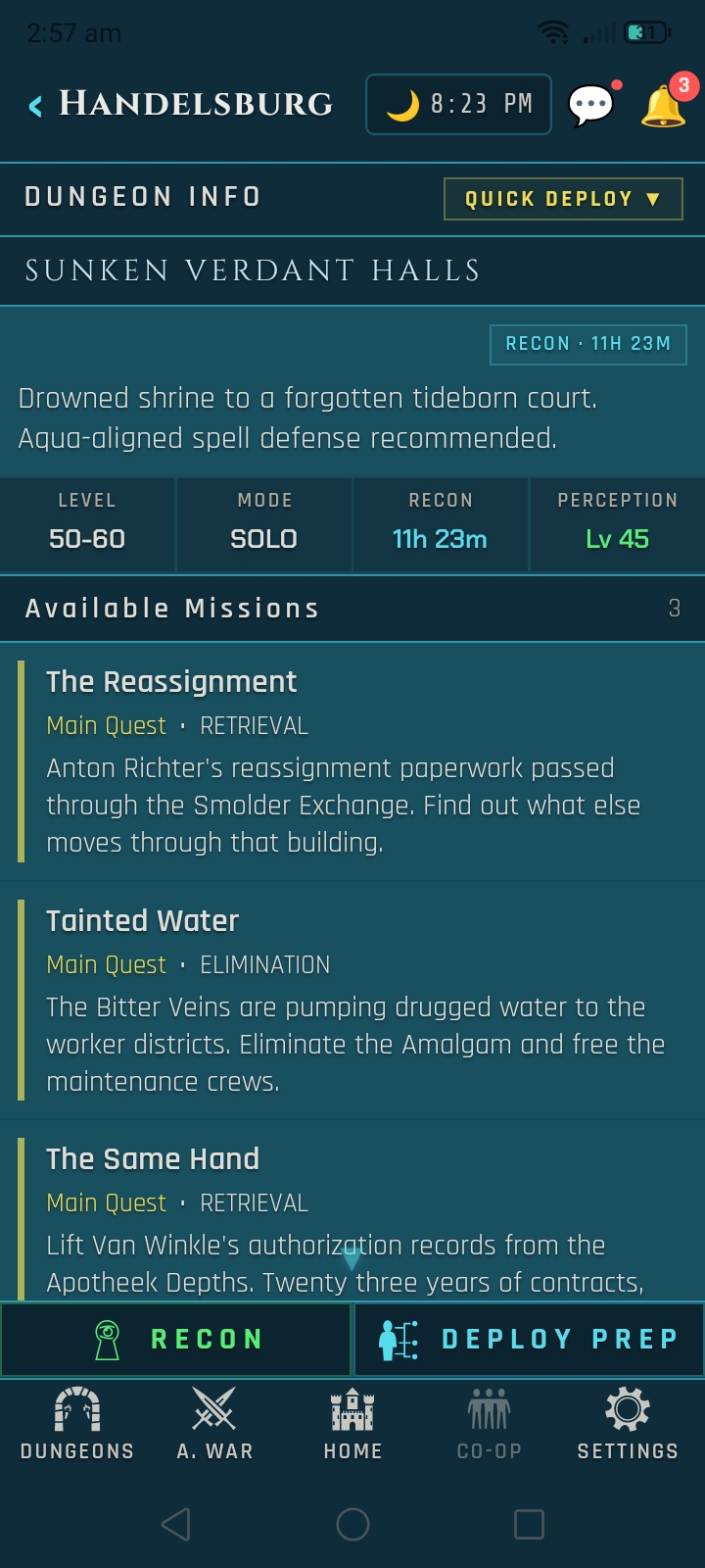 Veins of Aldûn mobile UI screen.