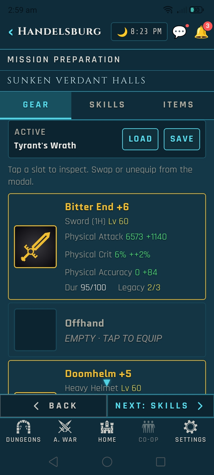Veins of Aldûn mobile UI screen.