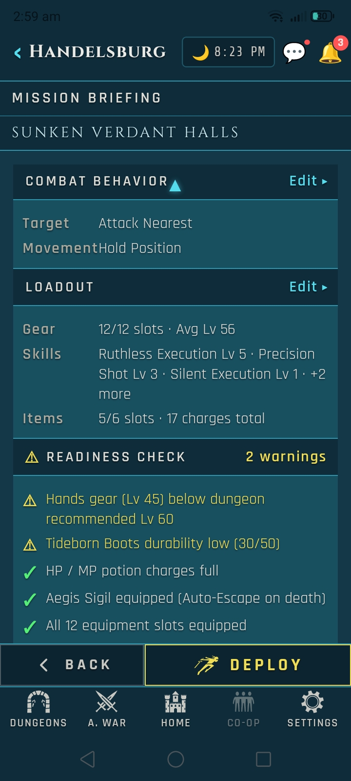 Veins of Aldûn mobile UI screen.