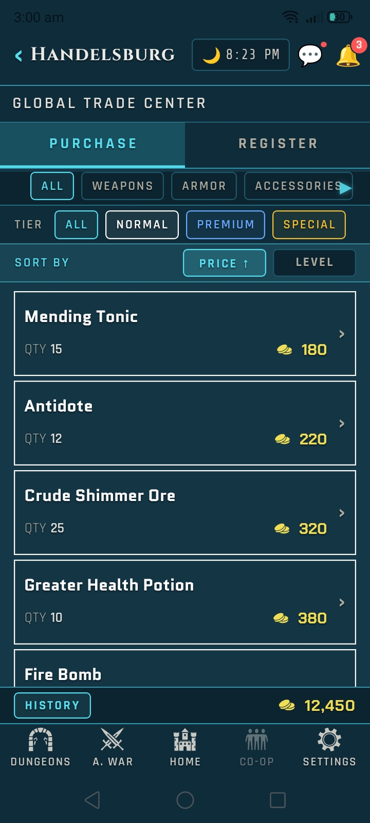 Veins of Aldûn mobile UI screen.