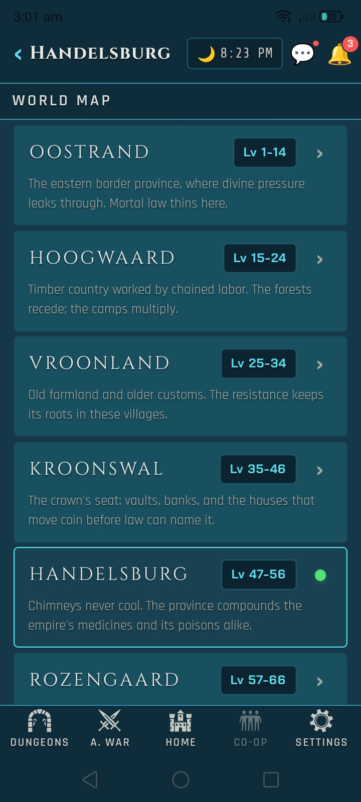 Veins of Aldûn mobile UI screen.