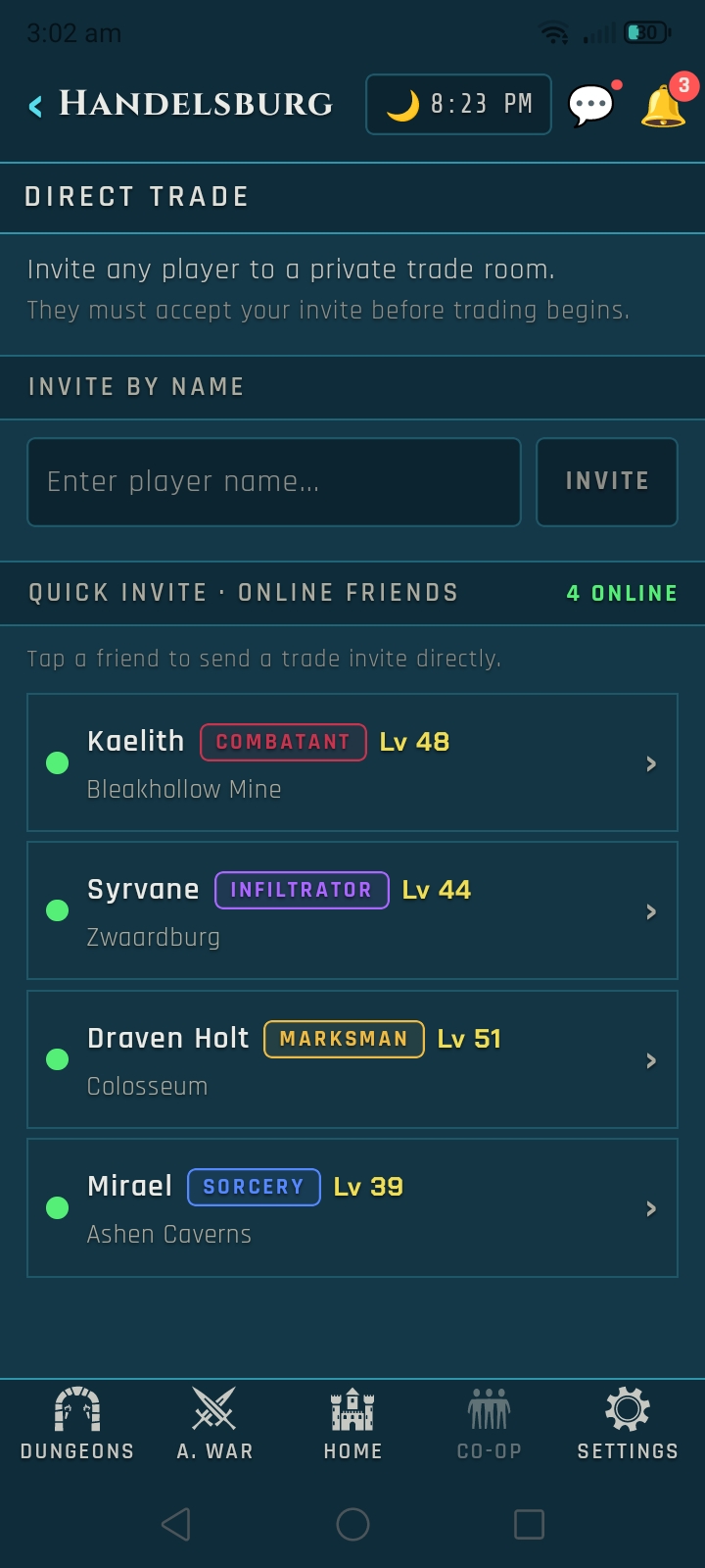Veins of Aldûn mobile UI screen.