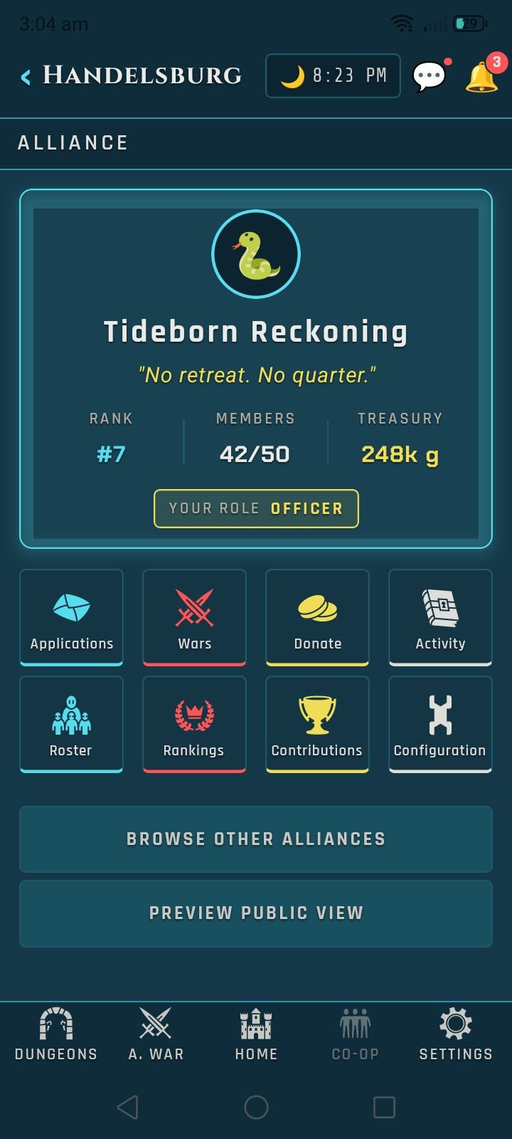 Alliance home screen on the mobile UI: shows Tideborn Reckoning at Rank 7, 42 of 50 members, 248k gold in treasury, the player's role as Officer, and the eight management tiles (Applications, Wars, Donate, Activity, Roster, Rankings, Contributions, Configuration), with browse-other-alliances and preview-public-view options below.