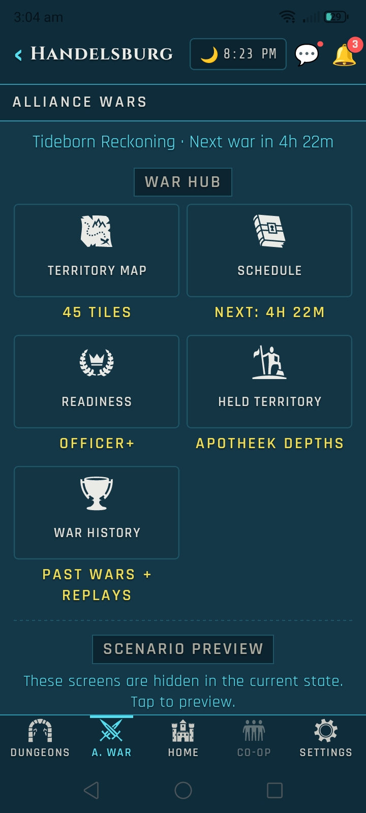 Alliance Wars War Hub on the mobile UI: shows next war in 4h 22m, with five tiles for Territory Map (45 tiles), Schedule (next war countdown), Readiness (Officer+), Held Territory (Apotheek Depths), and War History (past wars and replays).