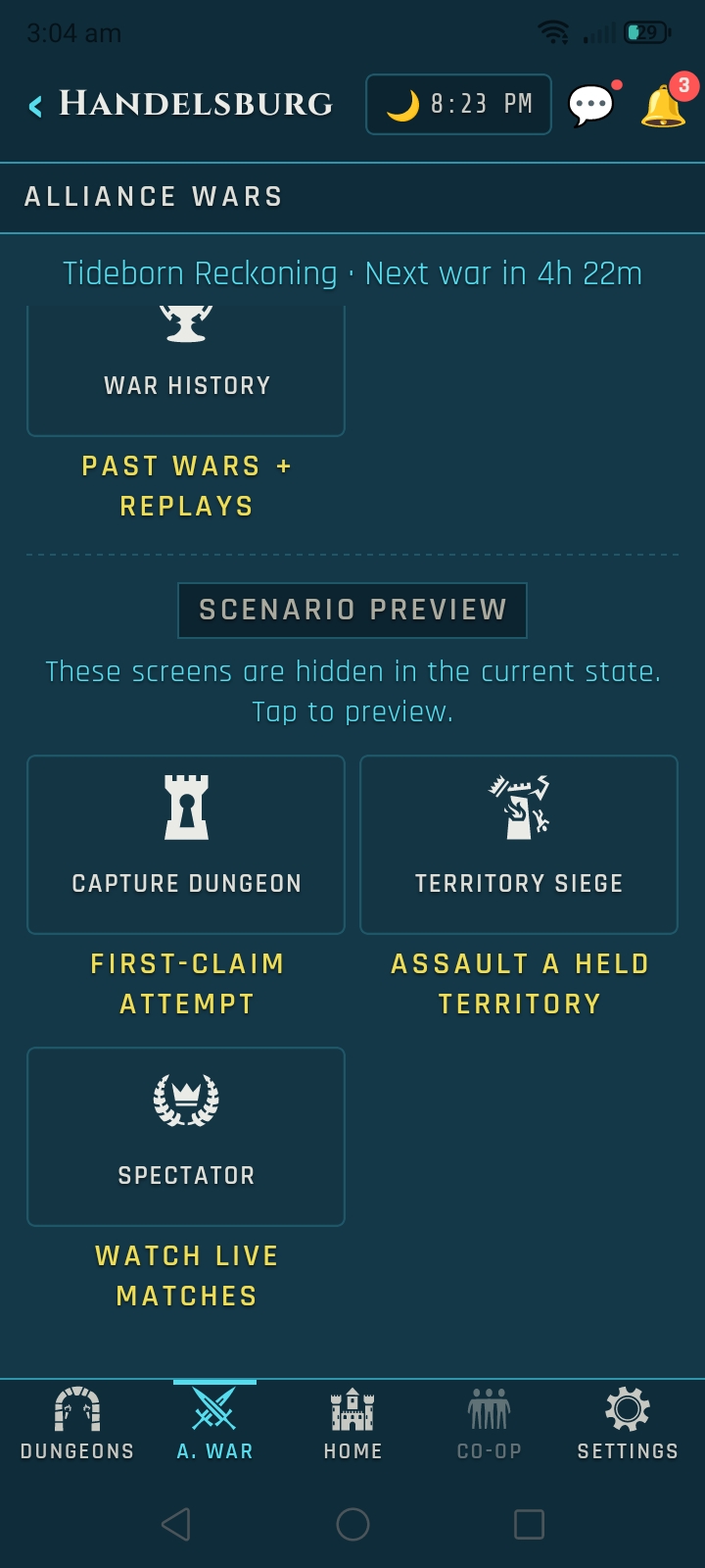 Alliance Wars Scenario Preview on the mobile UI: shows three war scenarios for Capture Dungeon (first-claim attempt), Territory Siege (assault a held territory), and Spectator (watch live matches).