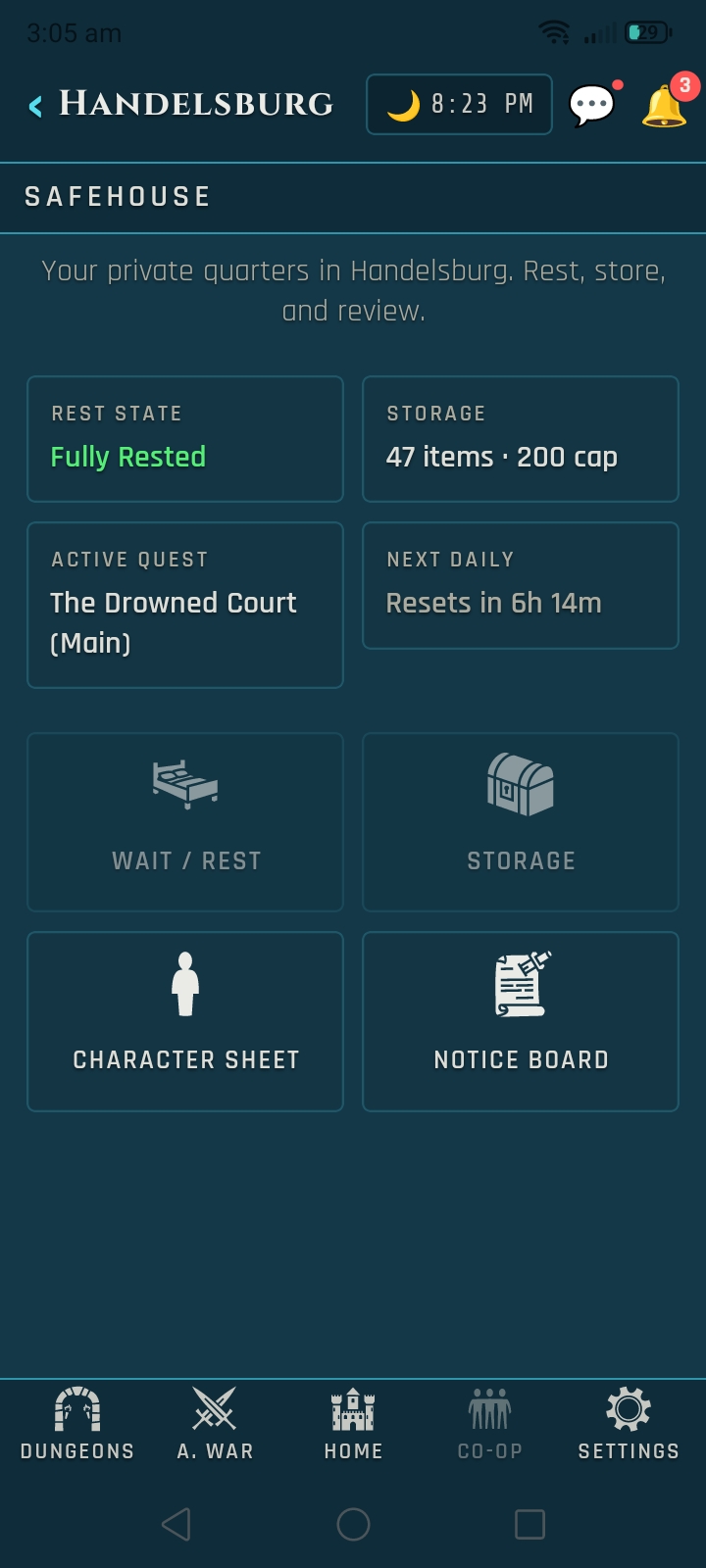 Veins of Aldûn mobile UI screen.