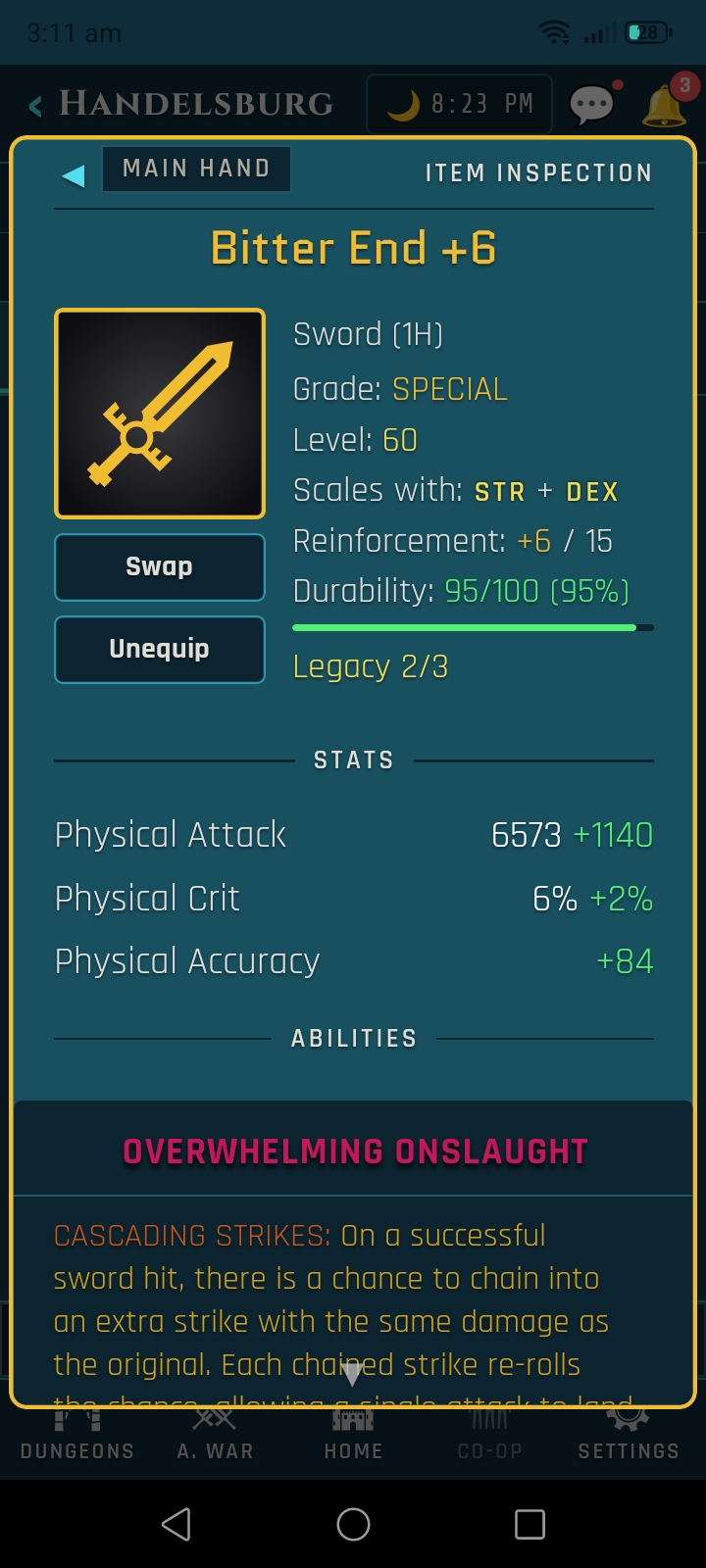 Veins of Aldûn mobile UI screen.