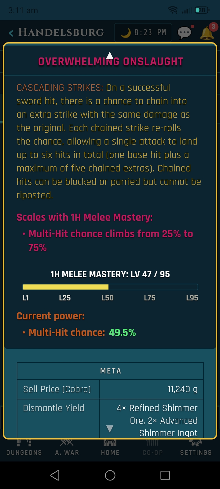 Veins of Aldûn mobile UI screen.