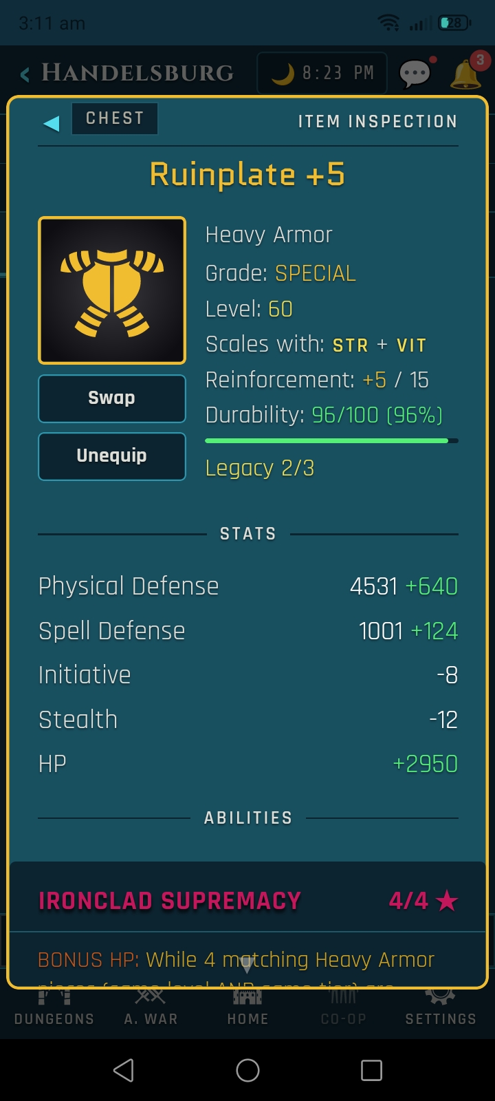 Veins of Aldûn mobile UI screen.