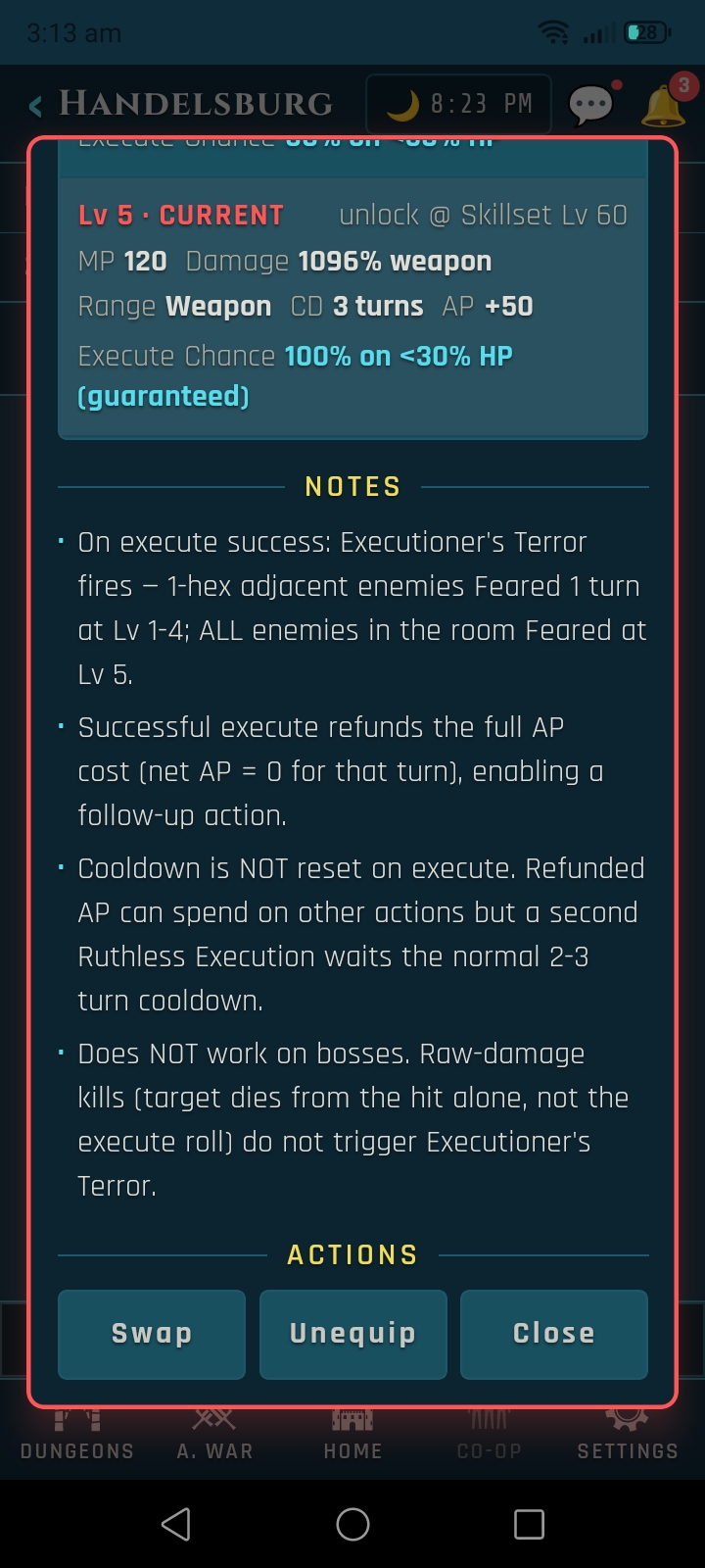 Veins of Aldûn mobile UI screen.