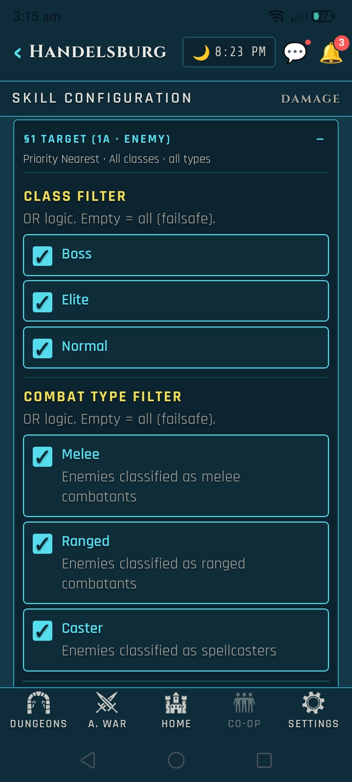 Veins of Aldûn mobile UI screen.