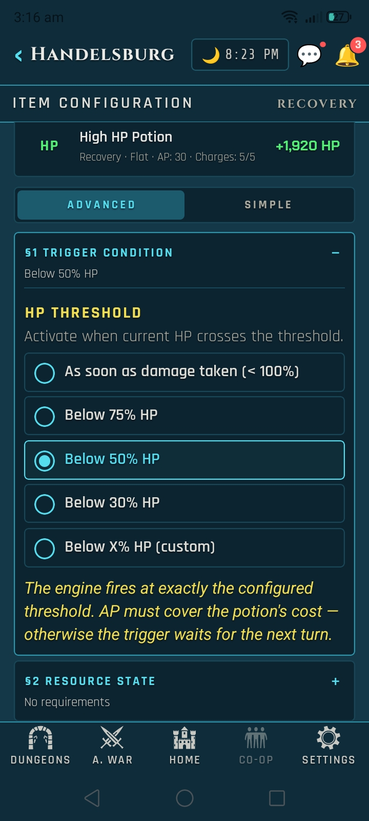Veins of Aldûn mobile UI screen.