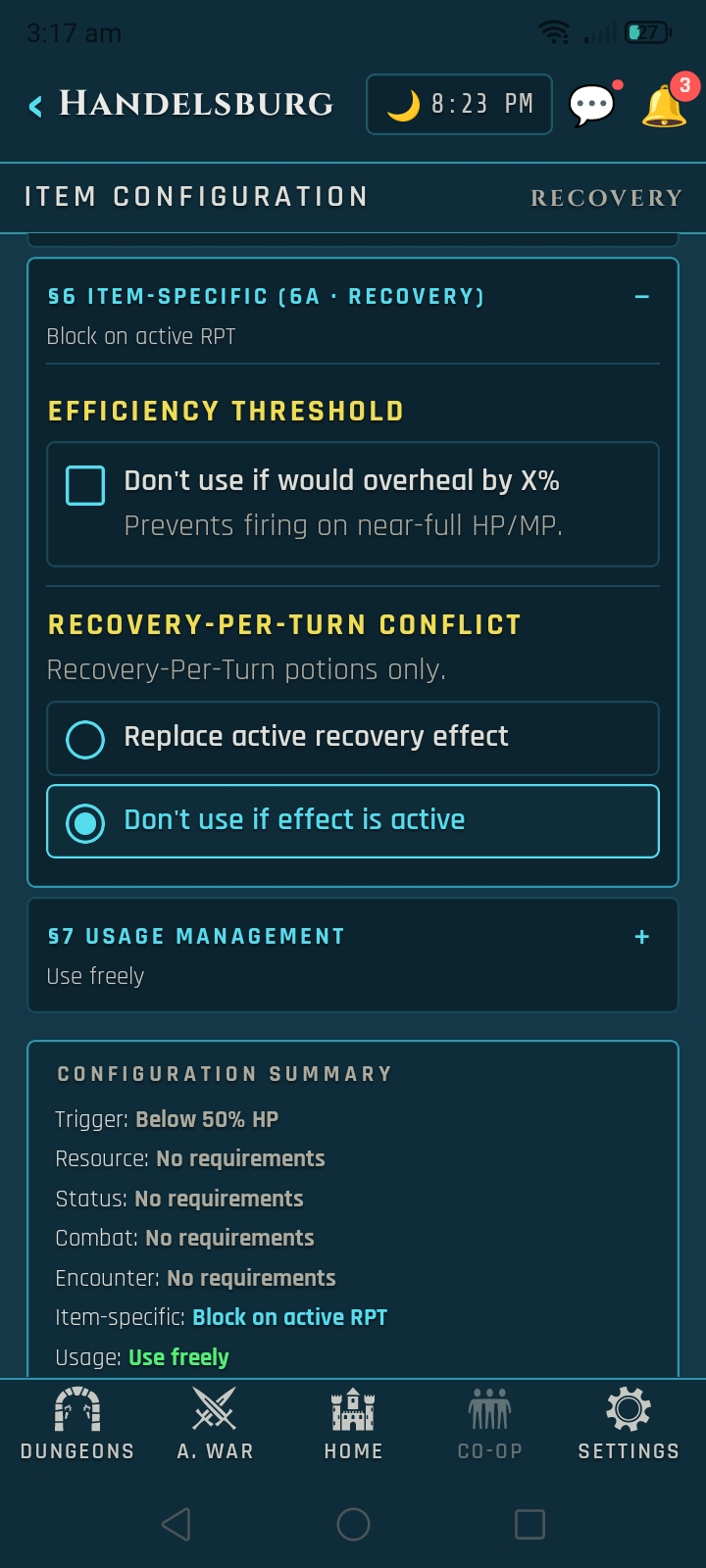 Veins of Aldûn mobile UI screen.