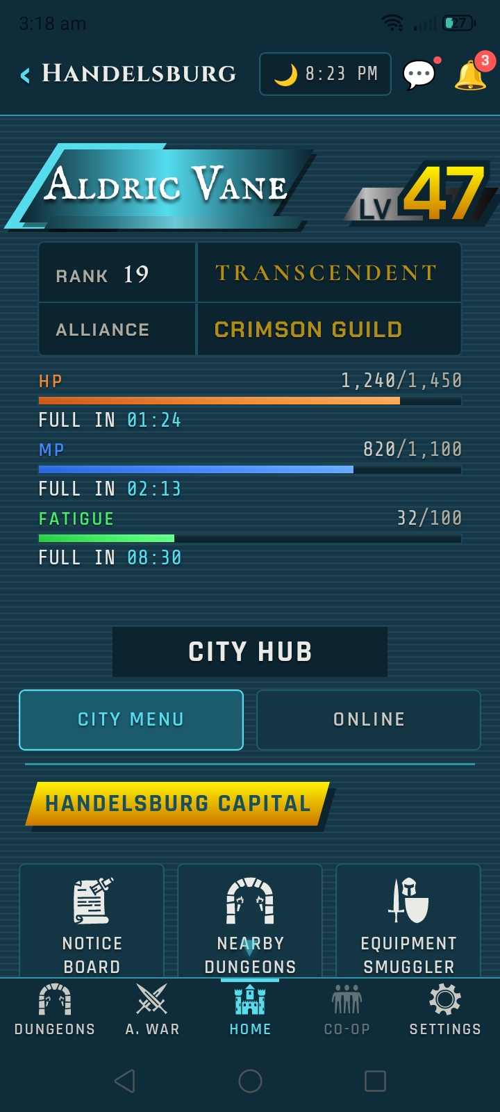 Veins of Aldûn mobile UI screen.