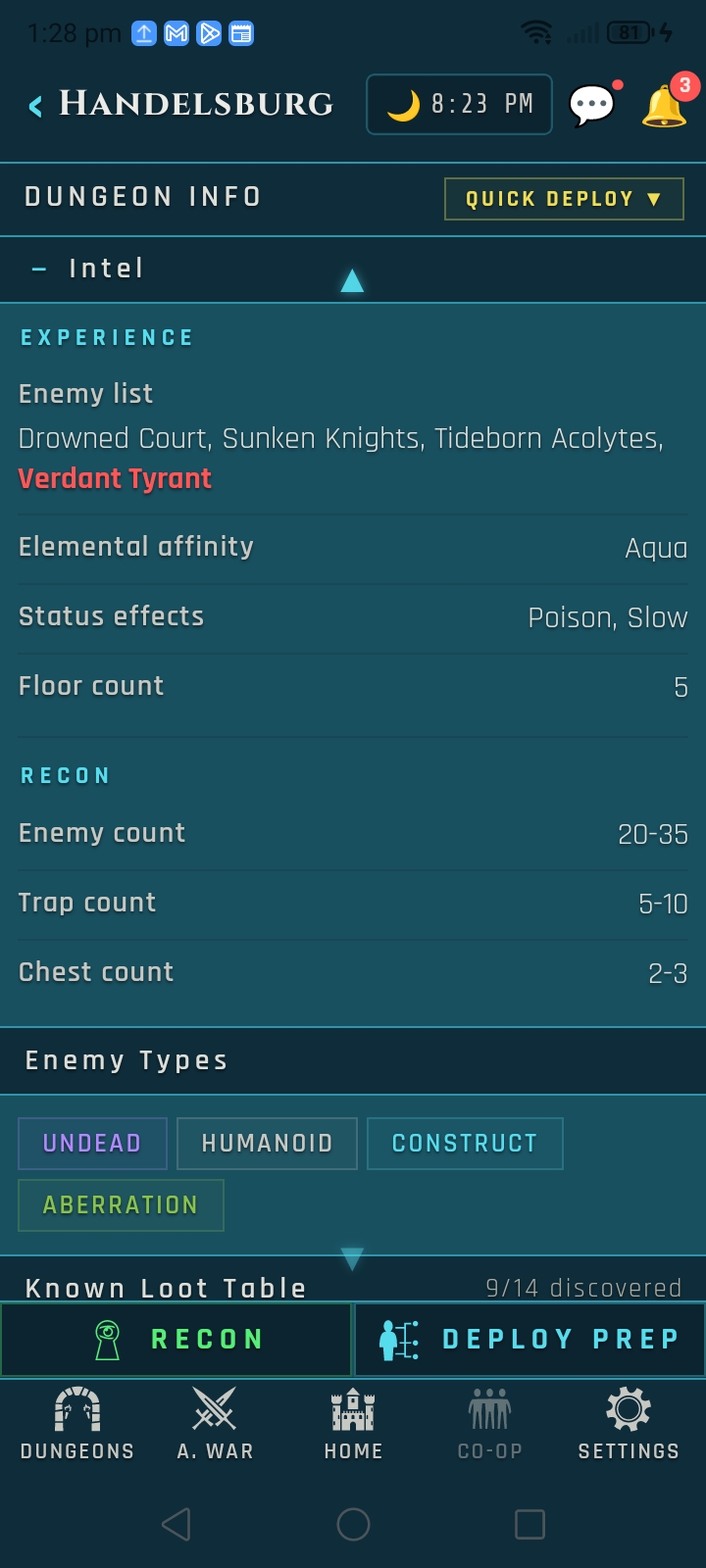 Dungeon Detail screen with the Intel drawer expanded, showing reconnaissance data on enemies, traps, and chests.