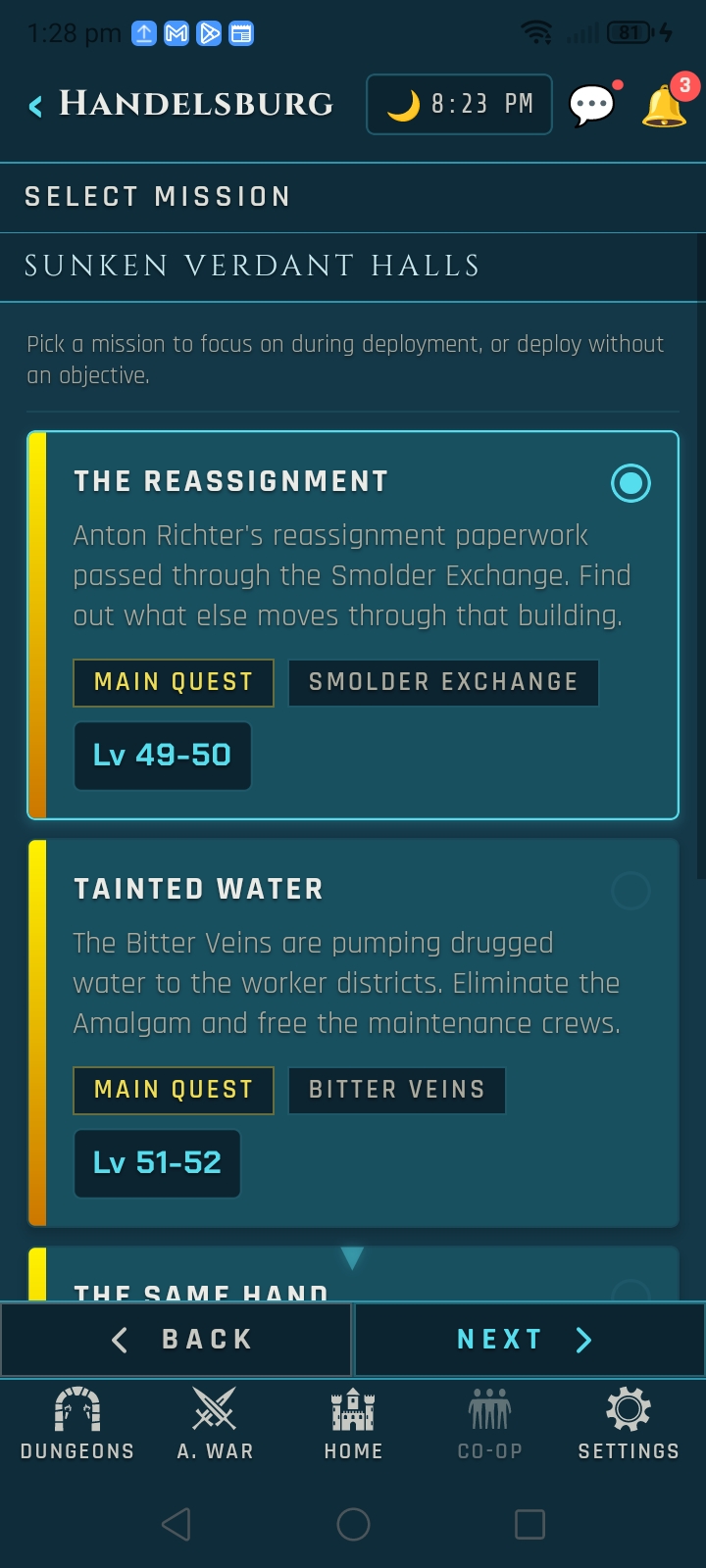 Mission Select screen showing the missions available for the current dungeon, drawn from nearby Notice Boards.