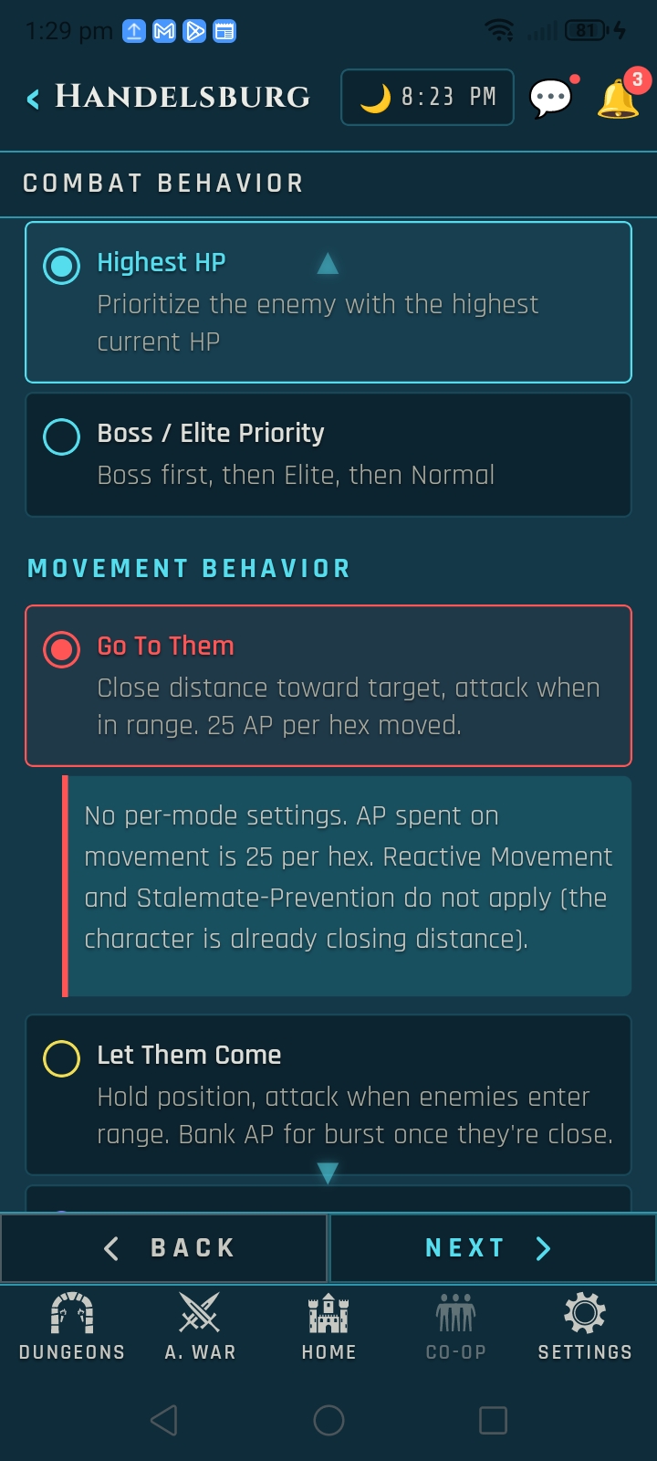 Combat Behaviour screen with Target Selection and Movement Behaviour dials configured for the deployment.