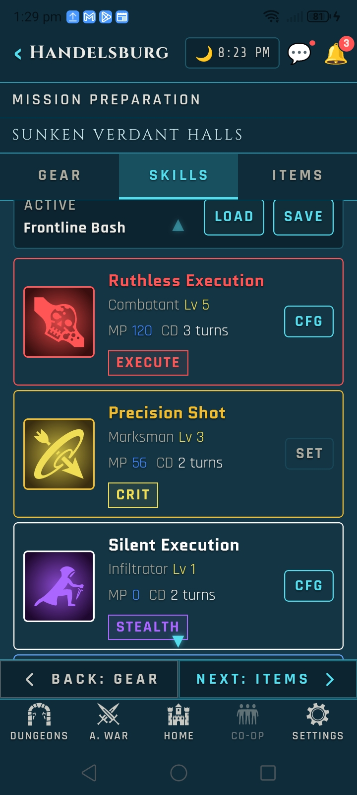 Mission Preparation: Skills tab with five Skill/Spell slots and the Skill Usage Configuration controls.