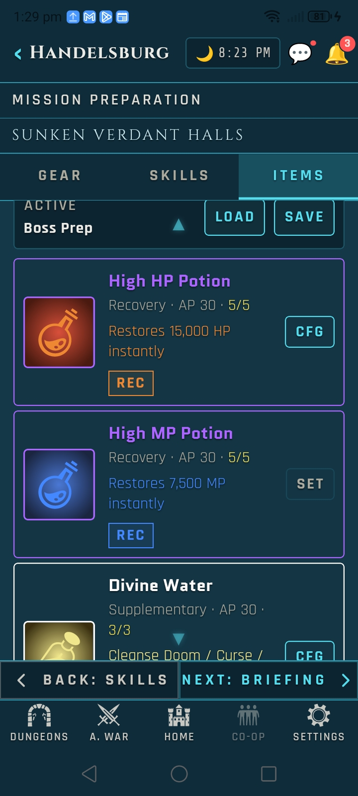 Mission Preparation: Items tab with the consumable slots and the Item Usage Configuration controls.