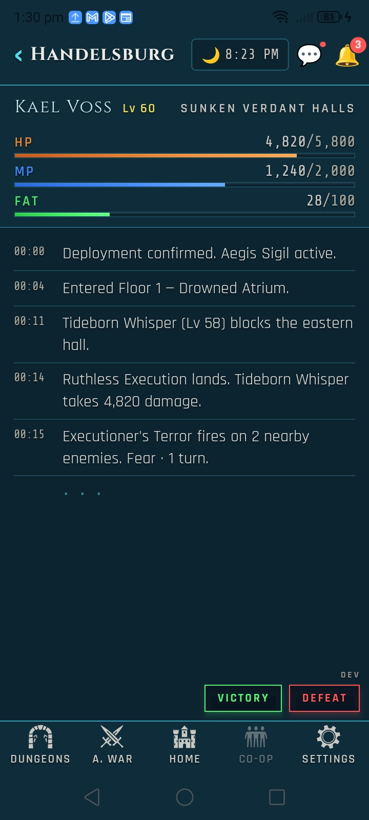 Combat log on the mobile UI streaming vitals, floor entries, skills fired, and damage dealt during a live deployment.